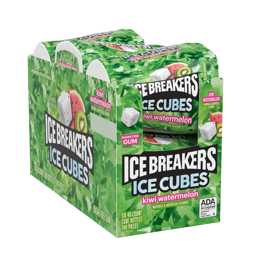 Ice Breakers Ice Cubes Kiwi Watermelon bottle label highlighting sugar-free and ADA accepted.