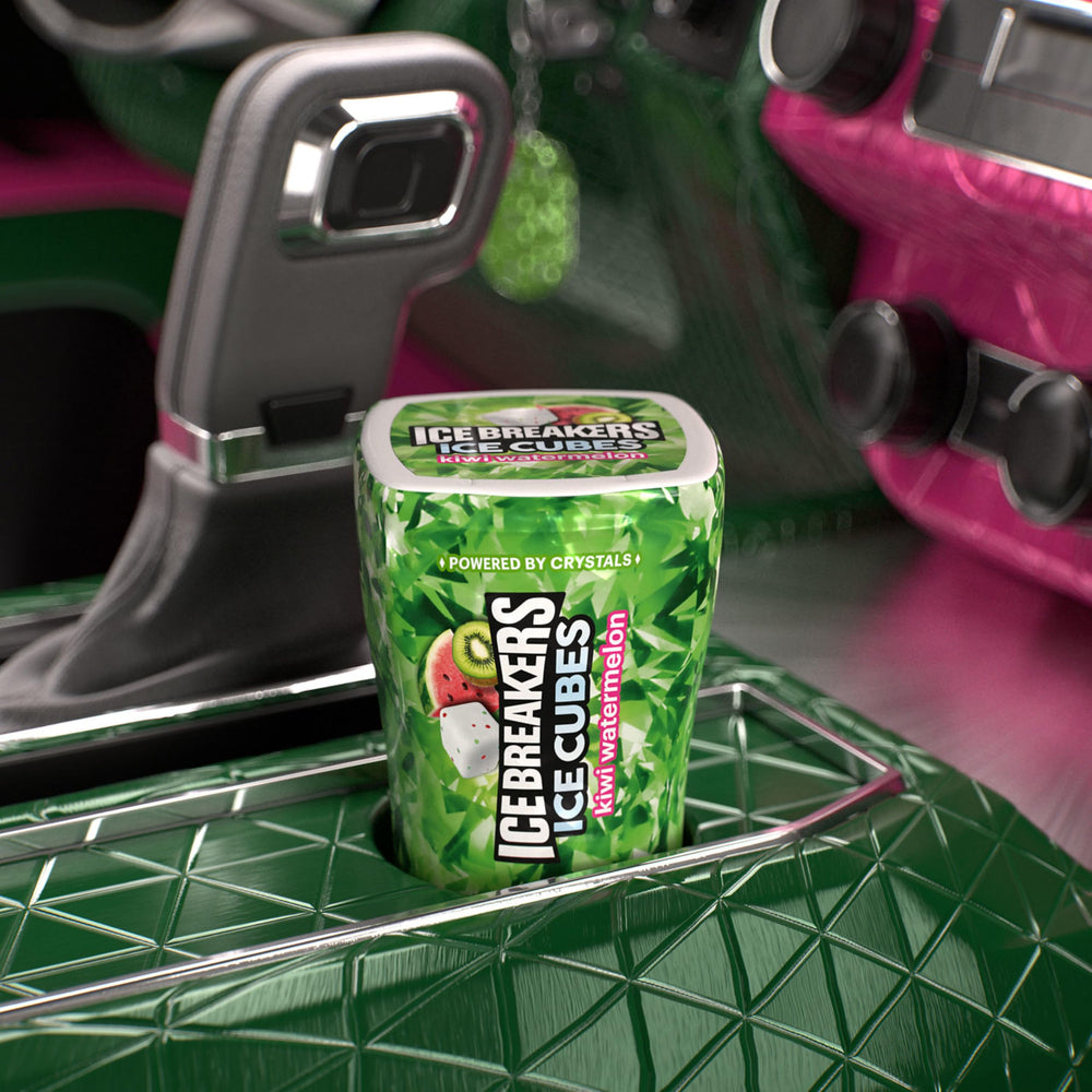 Ice Breakers Ice Cubes Kiwi Watermelon gum pieces close-up with vibrant fruit flavor.