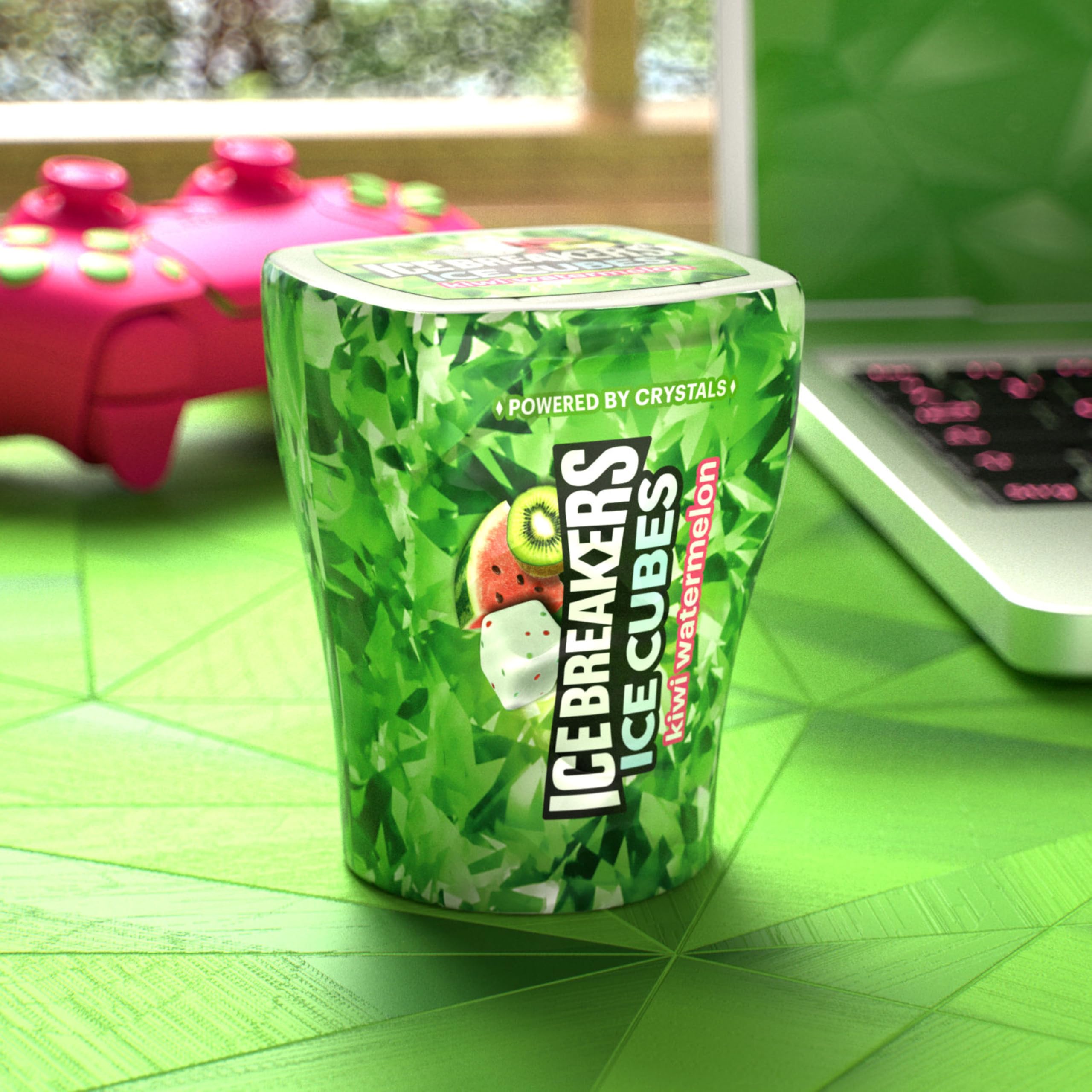 Ice Breakers Ice Cubes Kiwi Watermelon packaging box with six bottles for sharing.