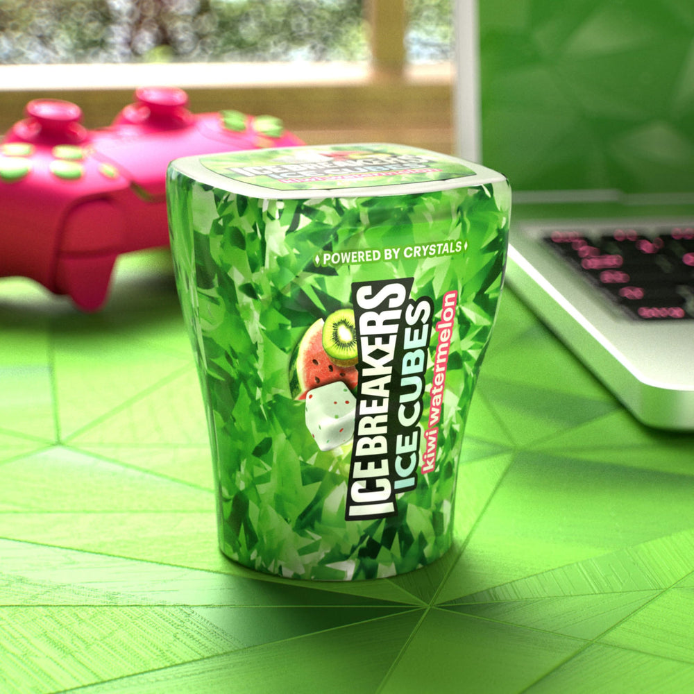 Ice Breakers Ice Cubes Kiwi Watermelon packaging box with six bottles for sharing.