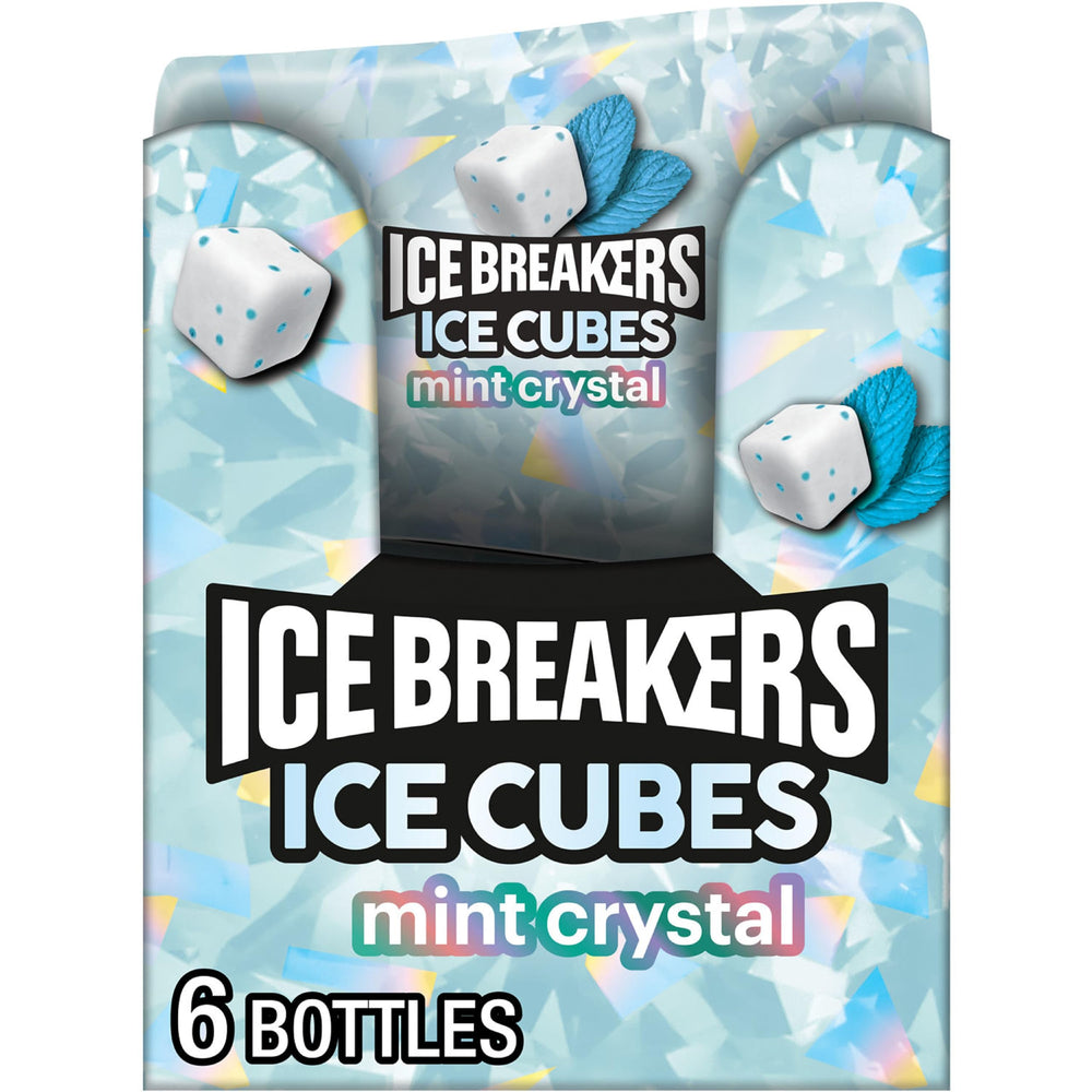 Ice Breakers Ice Cubes Mint Crystal bottle front promotes quick, sugar-free freshness on the go.