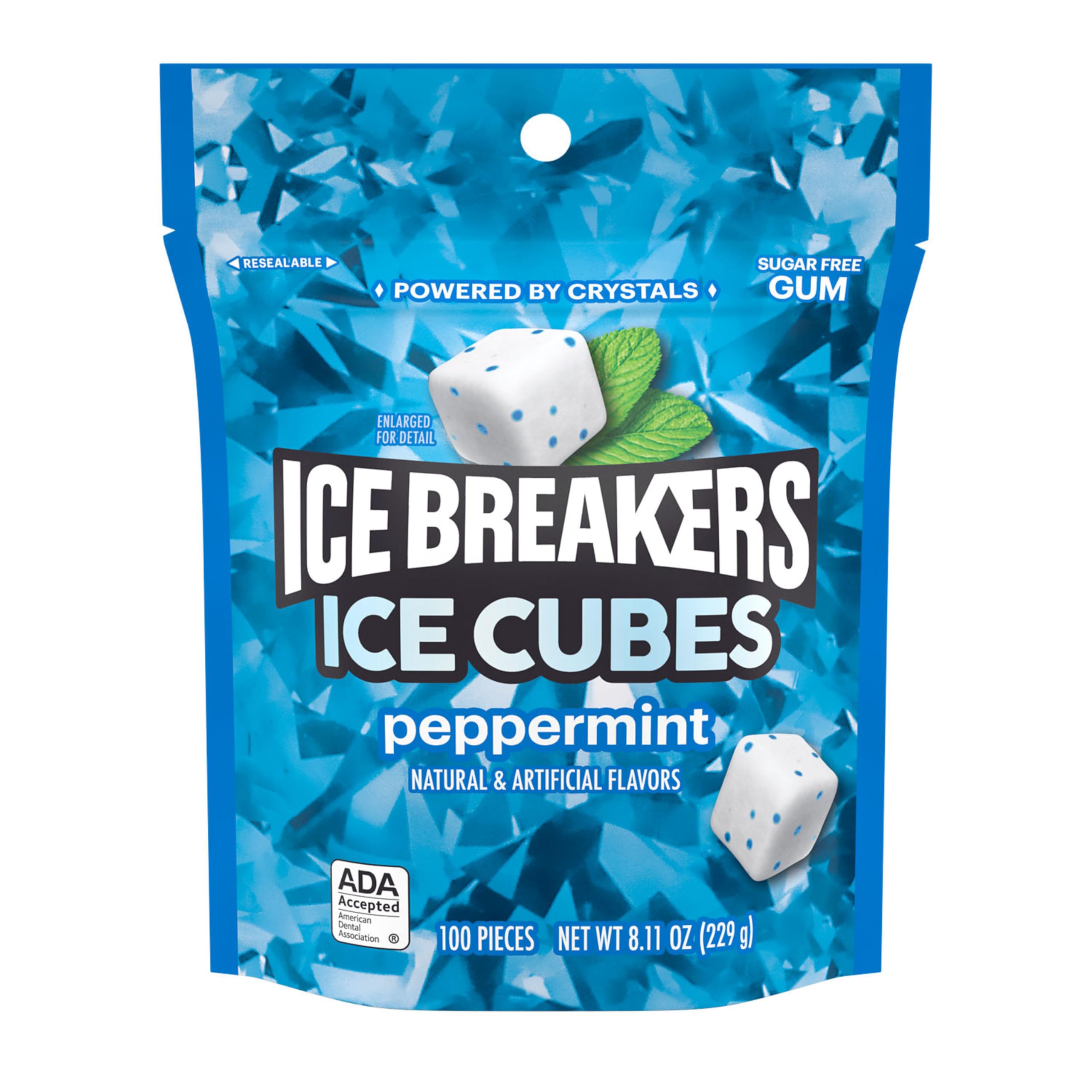 Peppermint crystals in Ice Breakers Ice Cubes suggest cooling mint flavor.