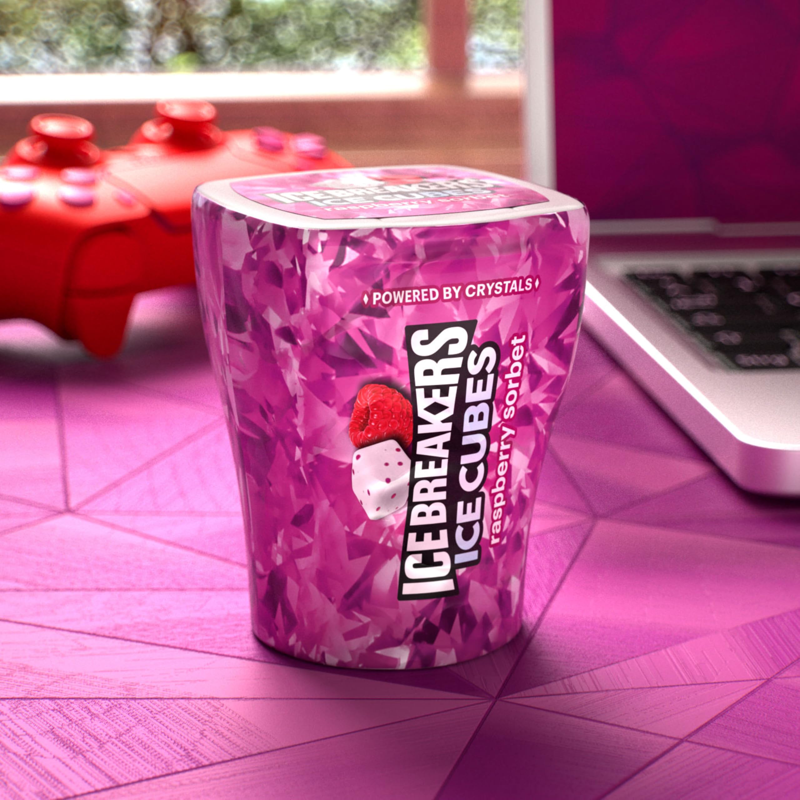 Ice Breakers Raspberry Sorbet gum piece close-up showcasing flavor.