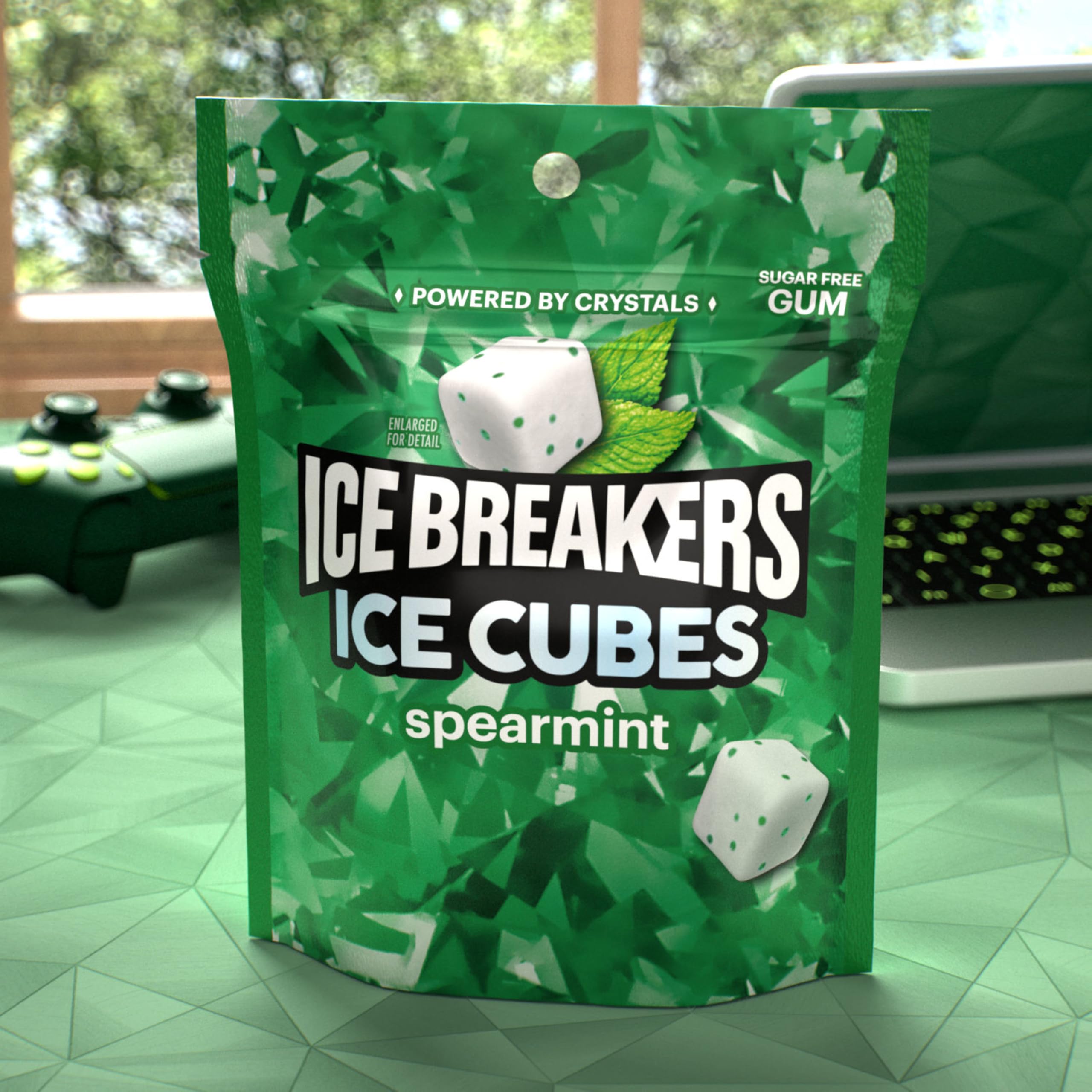 Ice Breakers Ice Cubes spearmint pack in backpack ready for travel.