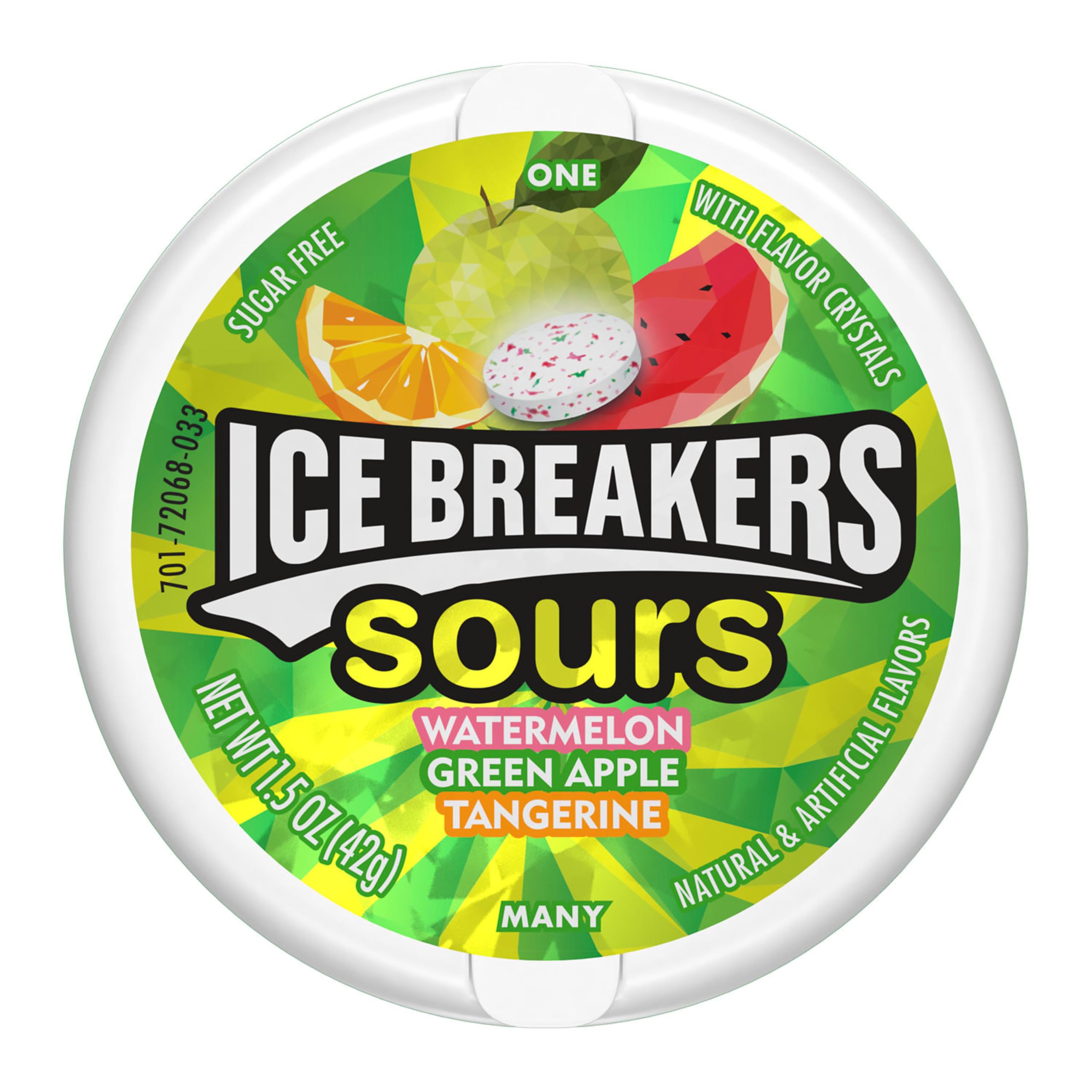 Ice Breakers Sours mints close-up reveals fruity crystals and bold flavor.