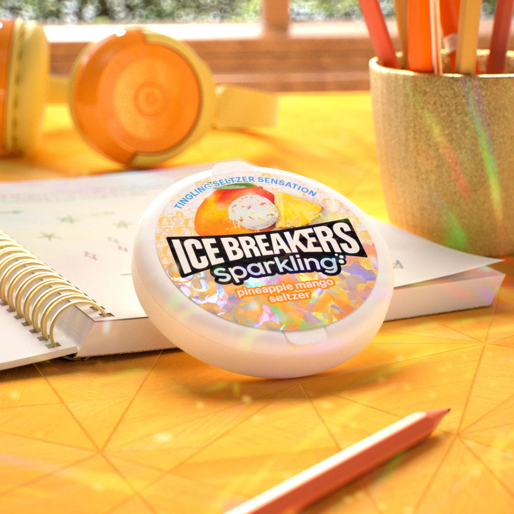 Ice Breakers sparkling pineapple mango desk drawer tin shows easy everyday breath refresh.