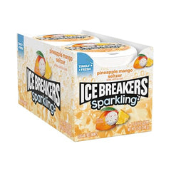 Ice Breakers sparkling pineapple mango tins packaging closeup highlights sugar-free flavor.