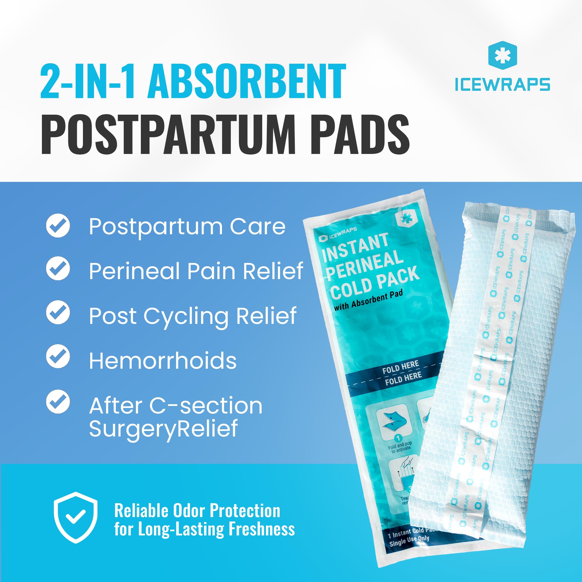 ICEWRAPS 14-inch absorbent postpartum pad ready to absorb fluids during early birth recovery.