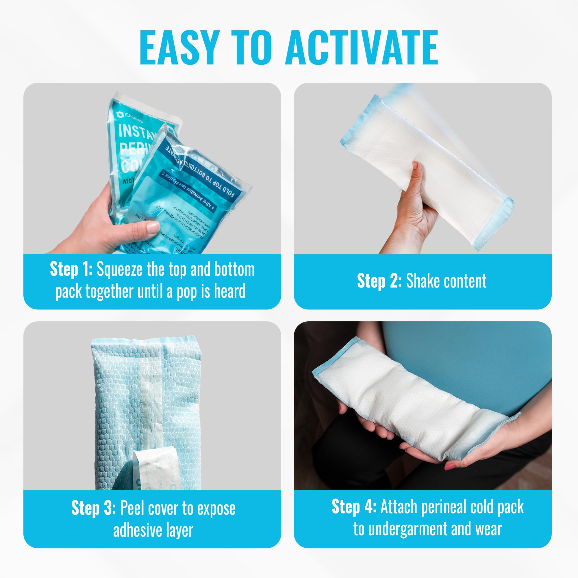 ICEWRAPS cooling relief highlights perineal comfort and soothing inflammation after birth.