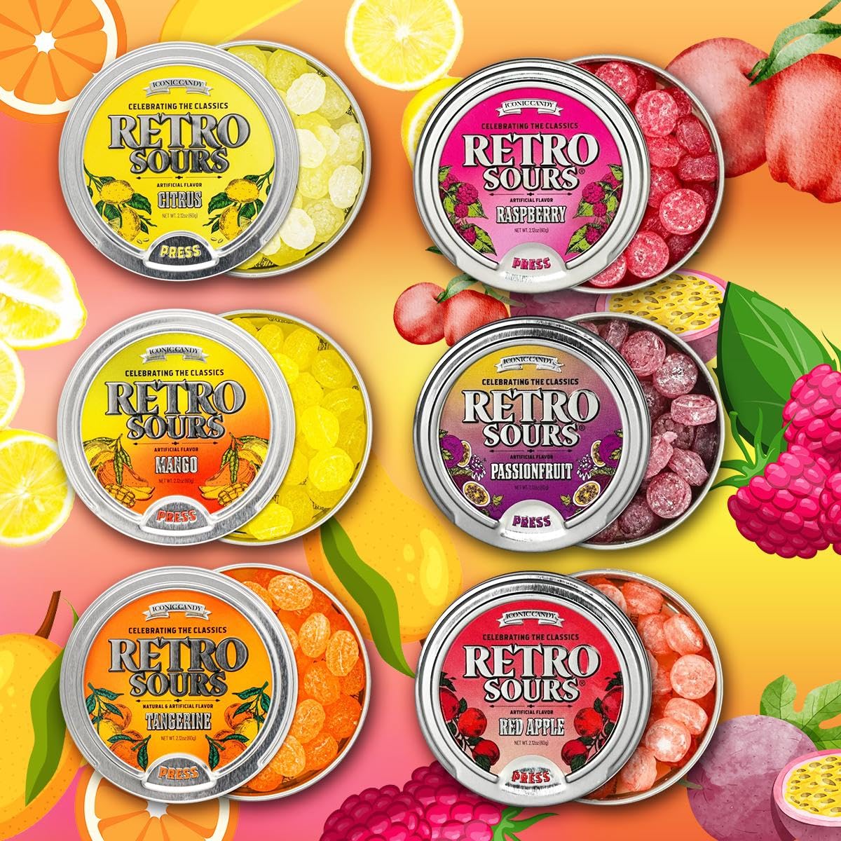 Iconic Candy Retro Sours 6-tin pack with tangy fruit flavors for sharing and gifting.