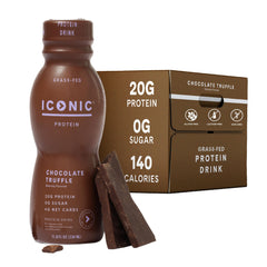 Iconic Protein Drink Chocolate Truffle bottle side, keto-friendly, sugar-free nutrition.