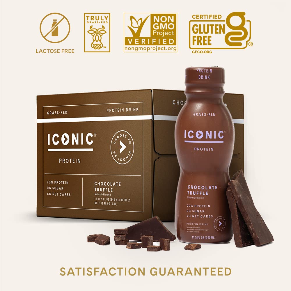 Iconic Protein Drink Chocolate Truffle label highlights lactose-free, gluten-free, non-GMO features.