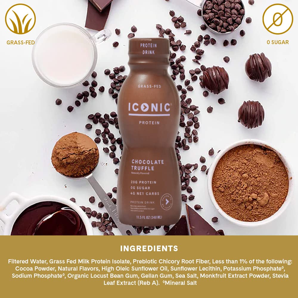 Iconic Protein Drink Chocolate Truffle nutrition panel shows 20g protein and 140 calories.