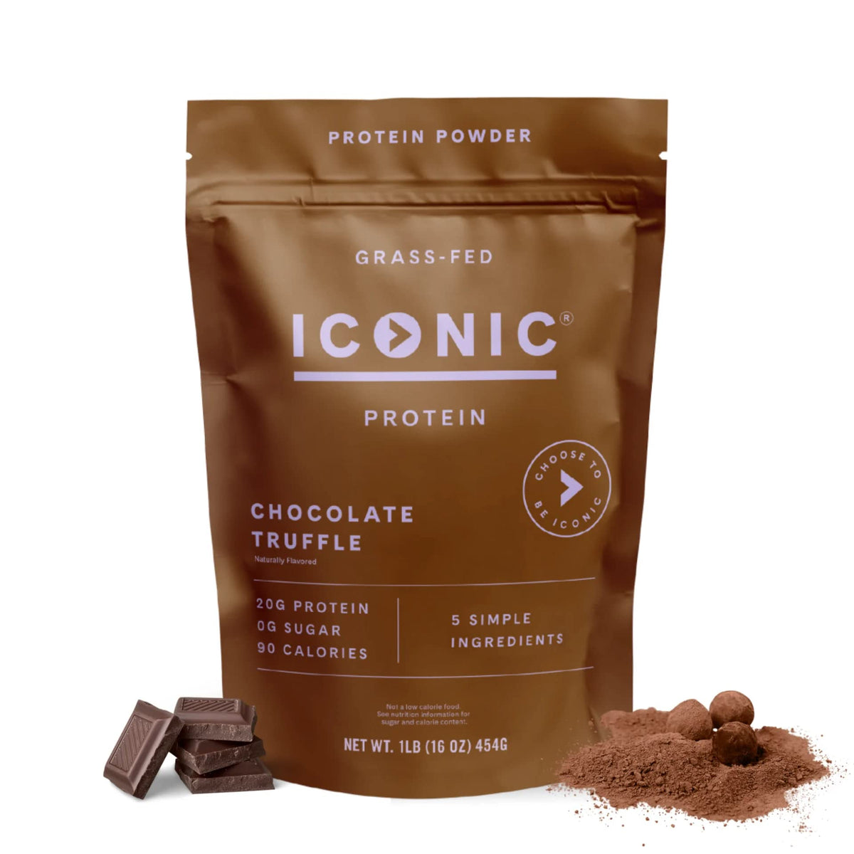 ICONIC Chocolate Truffle protein powder pouch shows sugar-free, low-carb nutrition in a labeled bag