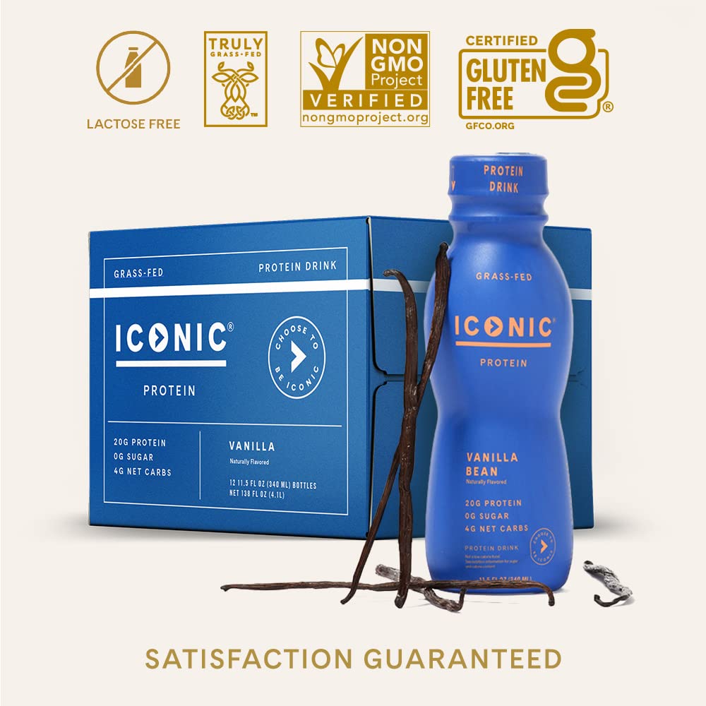 Iconic Vanilla Bean protein shake closeup label highlights lactose-free, gluten-free ingredients