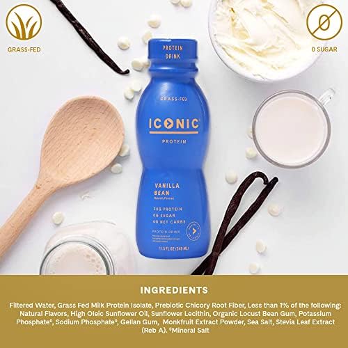 Iconic Vanilla Bean protein shake packaging box showcases 12-pack convenience