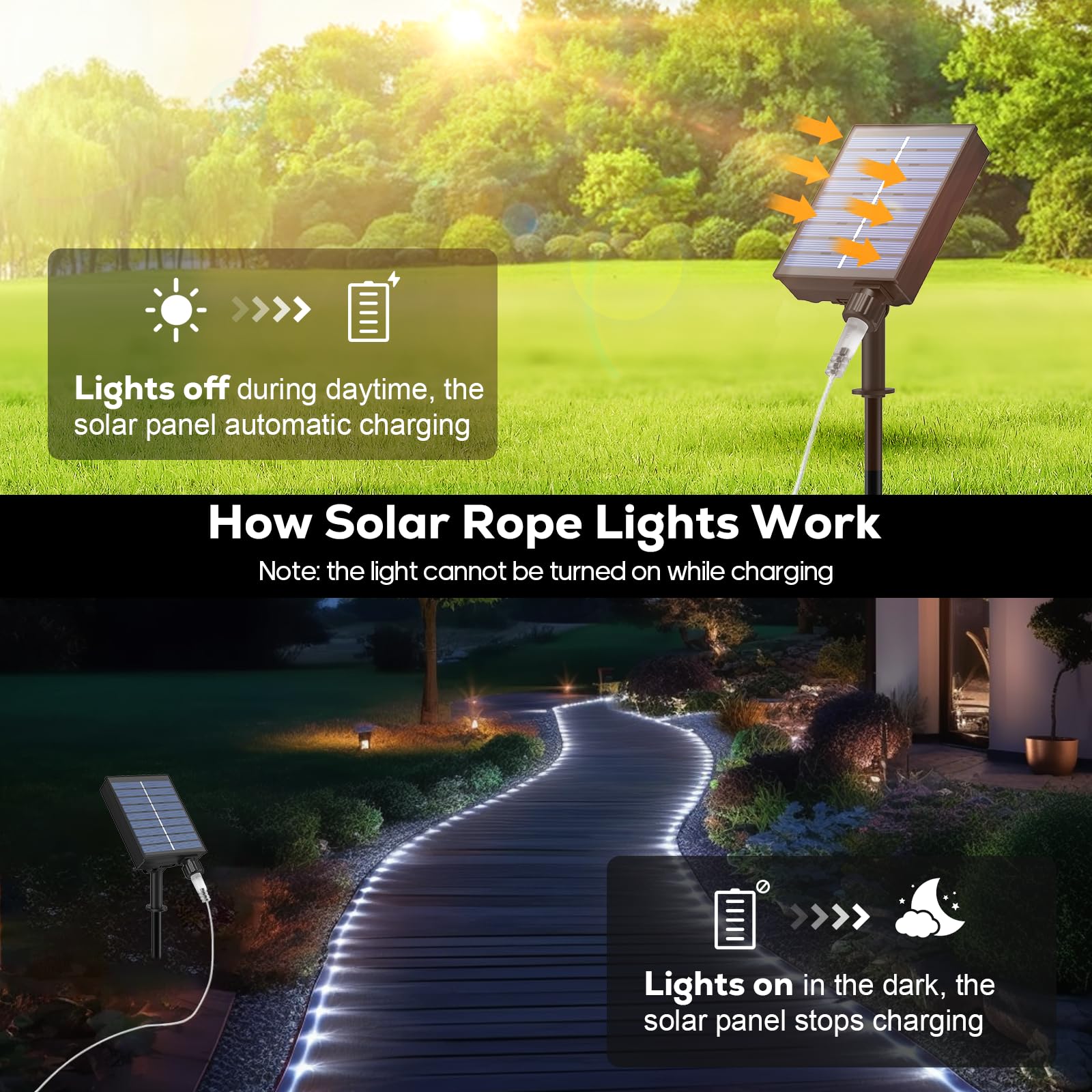 ICRGB solar rope lights on a patio create cozy evenings without cabling.