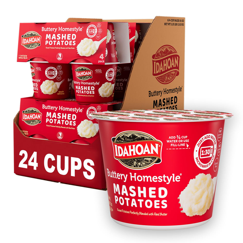 Idahoan Buttery Homestyle Mashed Potatoes Cup 24-pack display, a quick weeknight side.