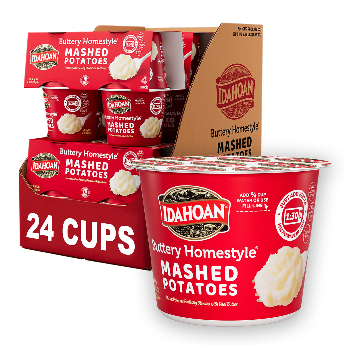 Idahoan Buttery Homestyle Mashed Potatoes Cup 24-pack display, a quick weeknight side.