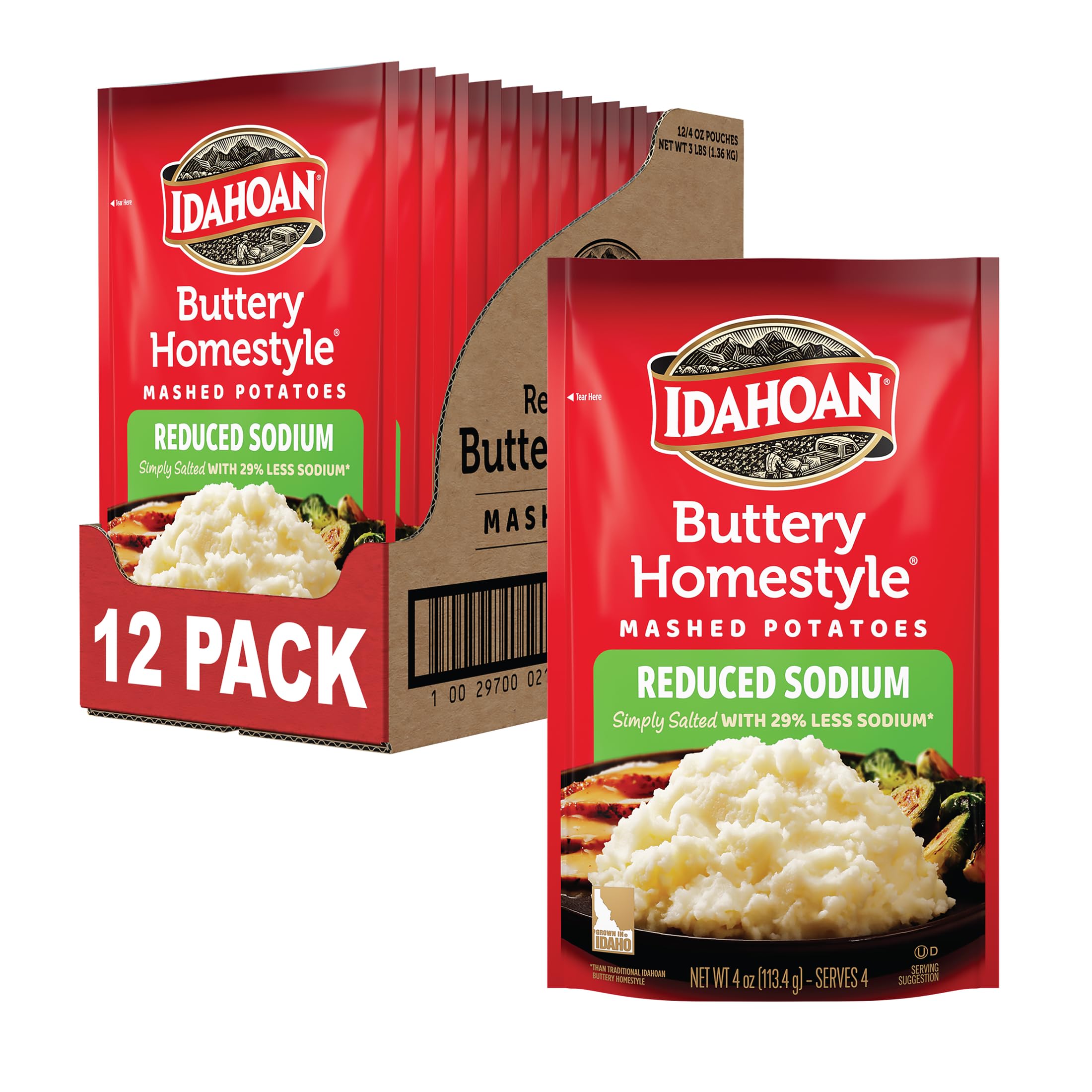 Idahoan Buttery Homestyle Reduced Sodium mash pouch front, convenient family-side potatoes