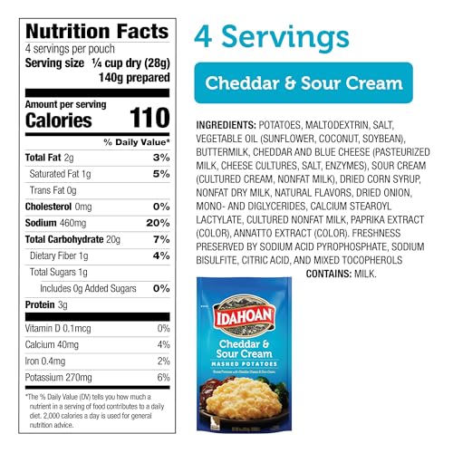 Idahoan Cheddar & Sour Cream mash package shows 4oz portions for easy servings.