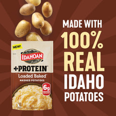 Idahoan Loaded Baked +Protein mashed potatoes cheddar-sour-cream-bacon flavor closeup.