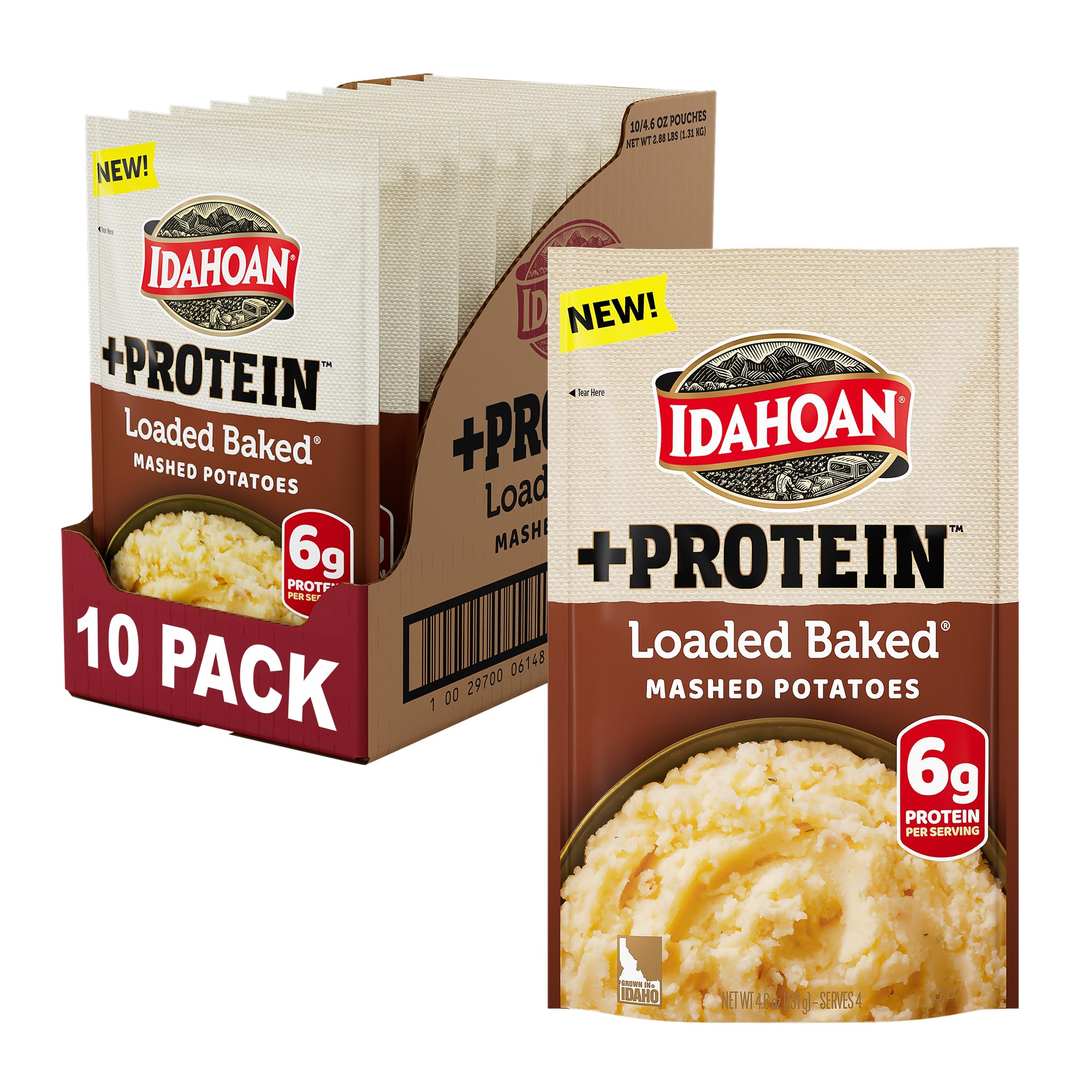 Idahoan Loaded Baked +Protein mashed potatoes pouch: quick protein-rich side.