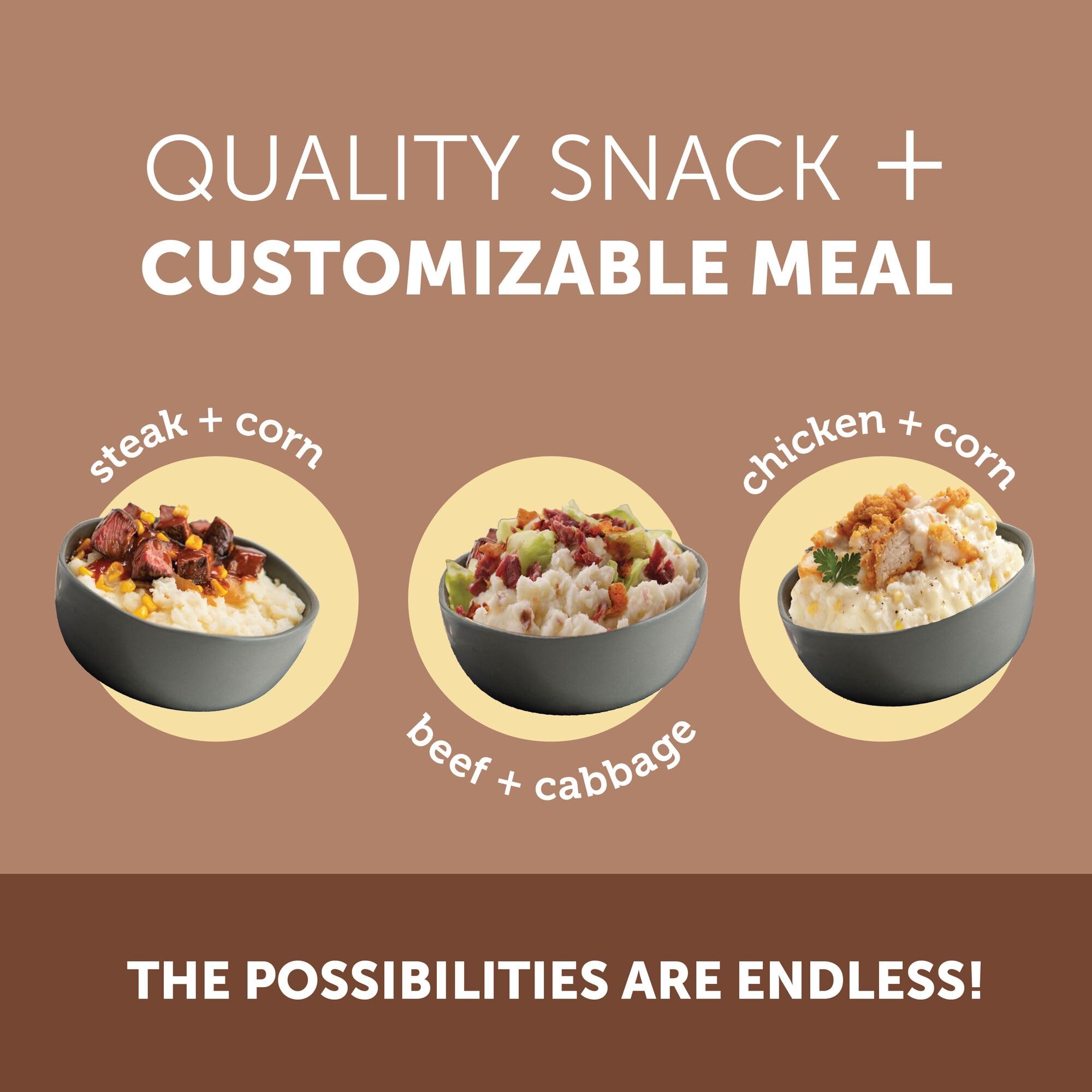 Idahoan Smoky Cheese and Bacon mashed potatoes served with meat and vegetables