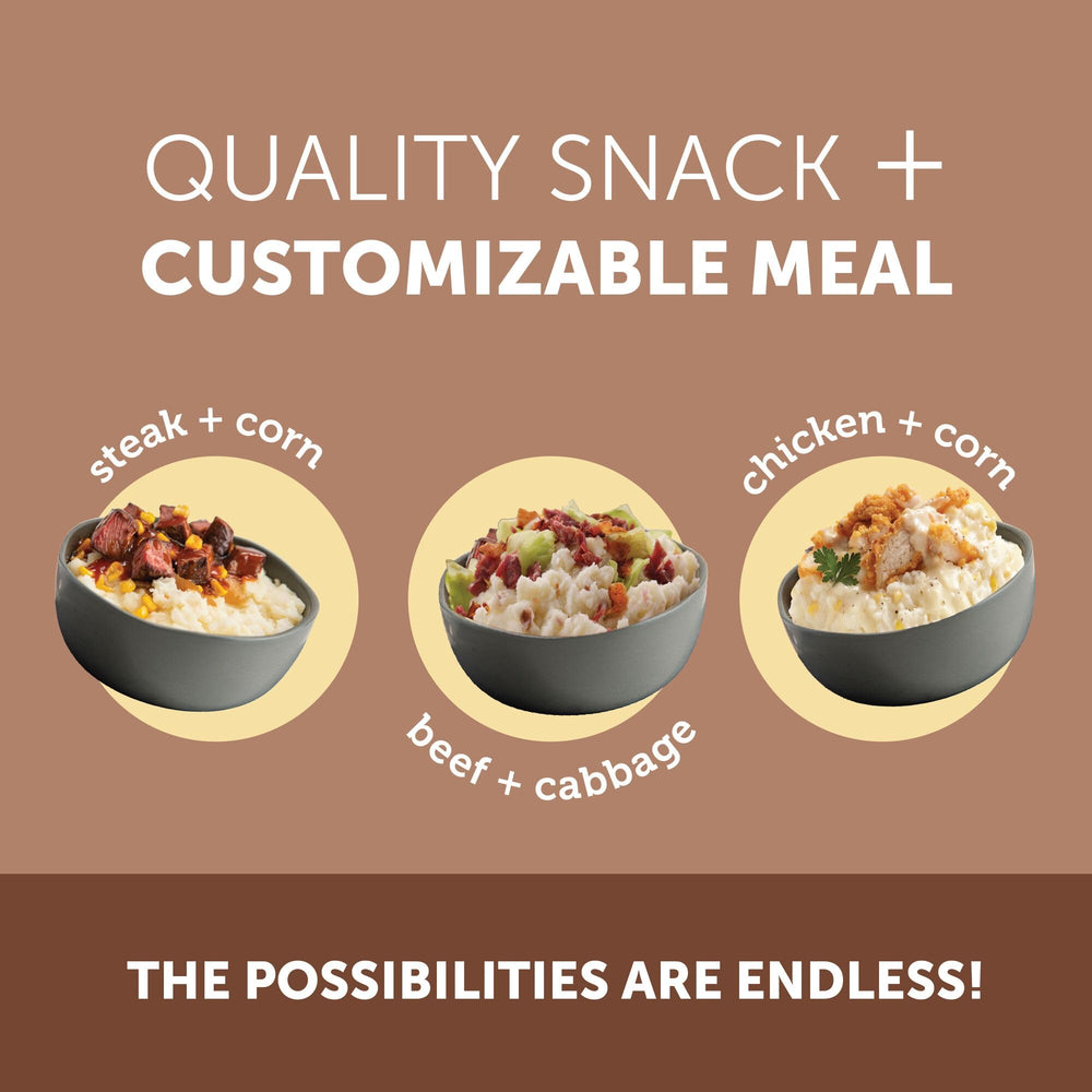 Idahoan Smoky Cheese and Bacon mashed potatoes served with meat and vegetables
