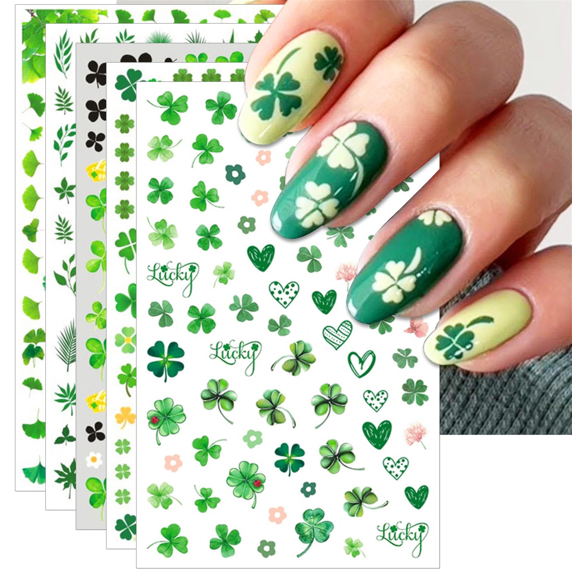 IDDFEVE St. Patrick's Day shamrock nail sticker close-up for quick at-home nail art
