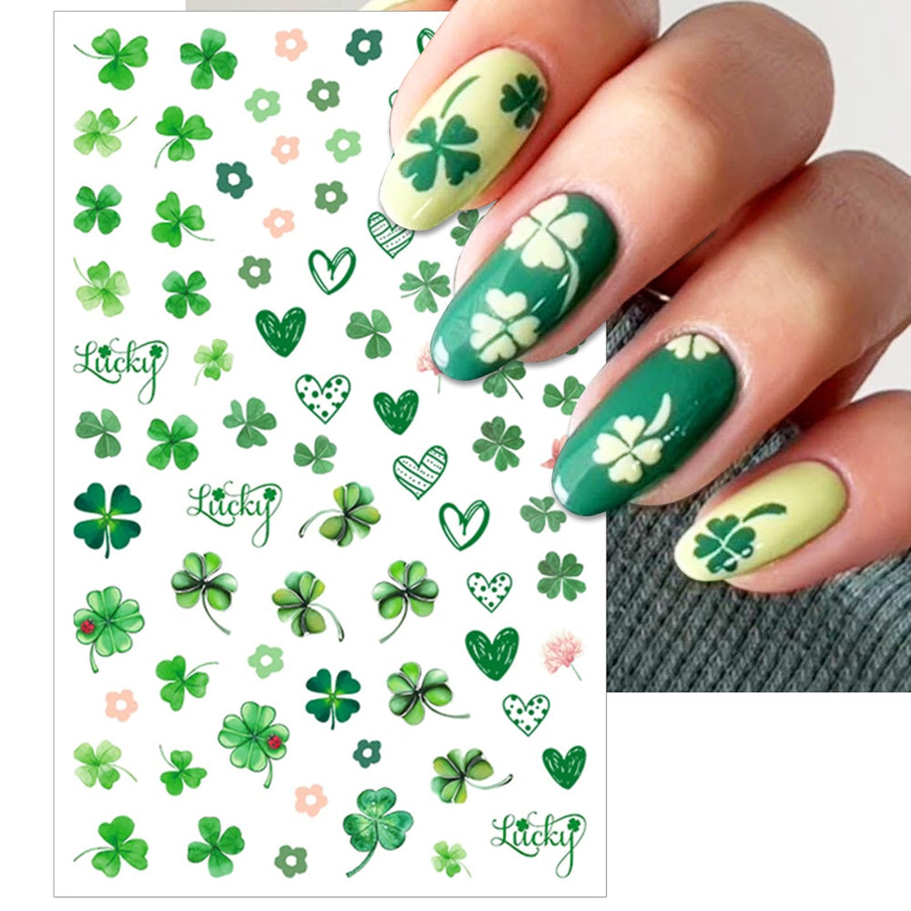 IDDFEVE self-adhesive shamrock decals add glossy finish to natural nails