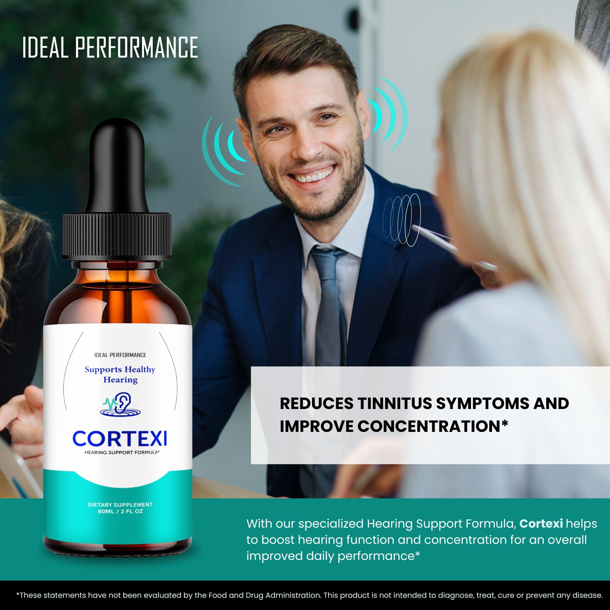 IDEAL PERFORMANCE Cortexi bottle with dropper beside glass for easy daily dosing.