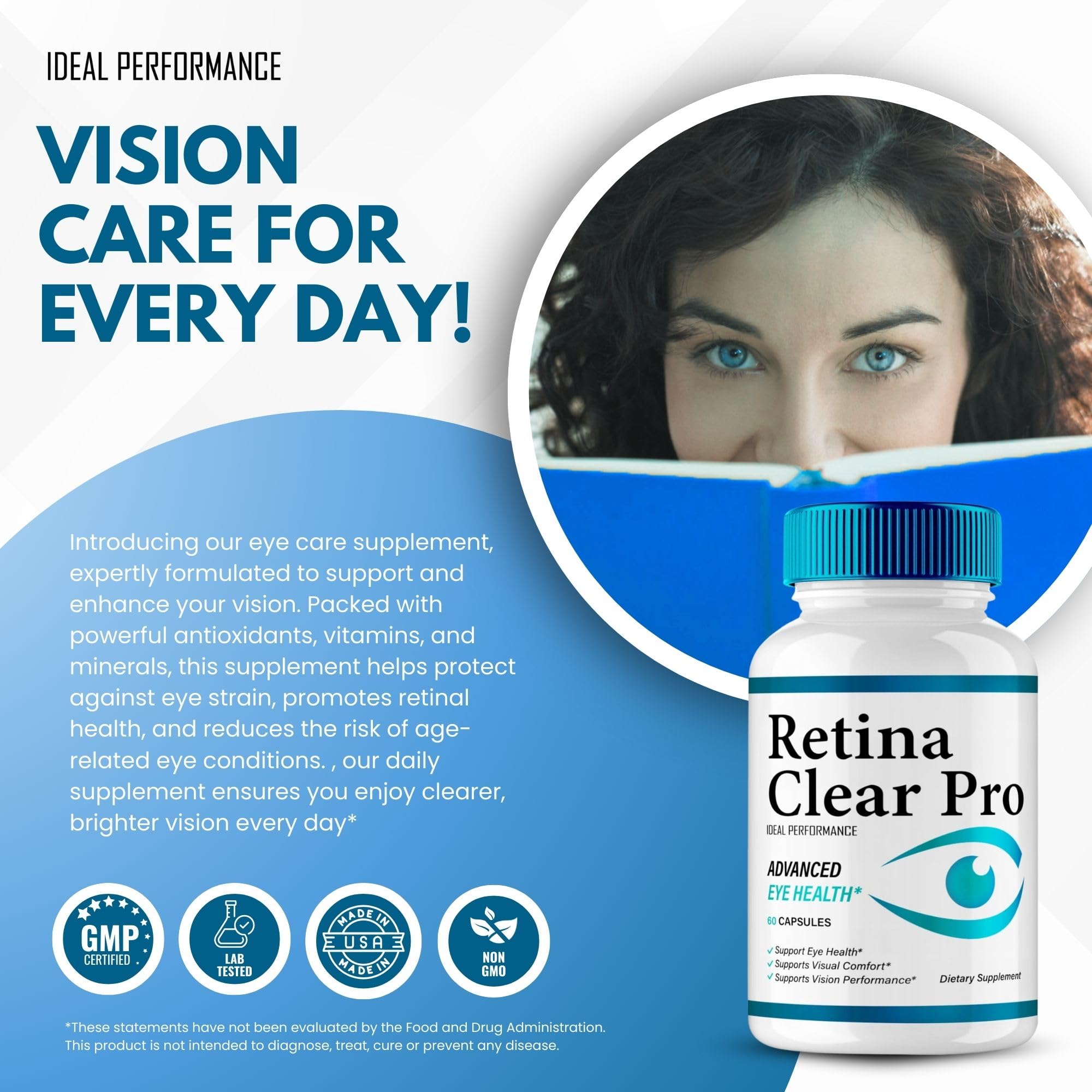 IDEAL PERFORMANCE Retina Clear dispense bottle demonstrates easy, controlled intake during daily routines.