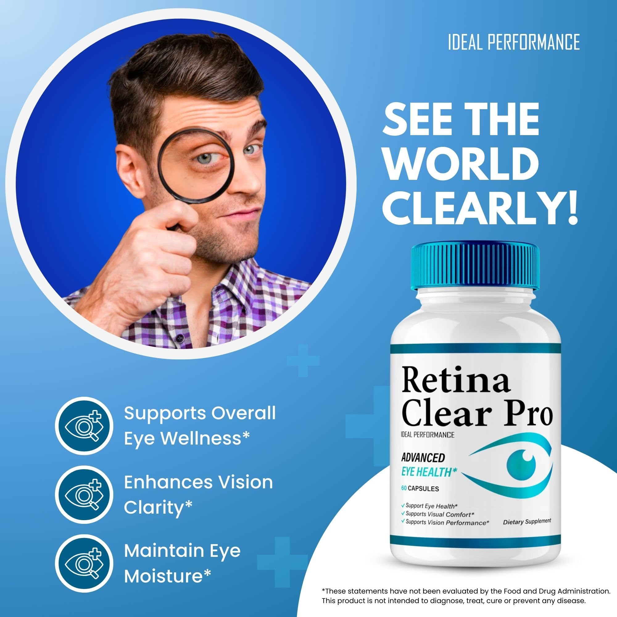 IDEAL PERFORMANCE Retina Clear label detail reveals ingredients and dosage guidance.