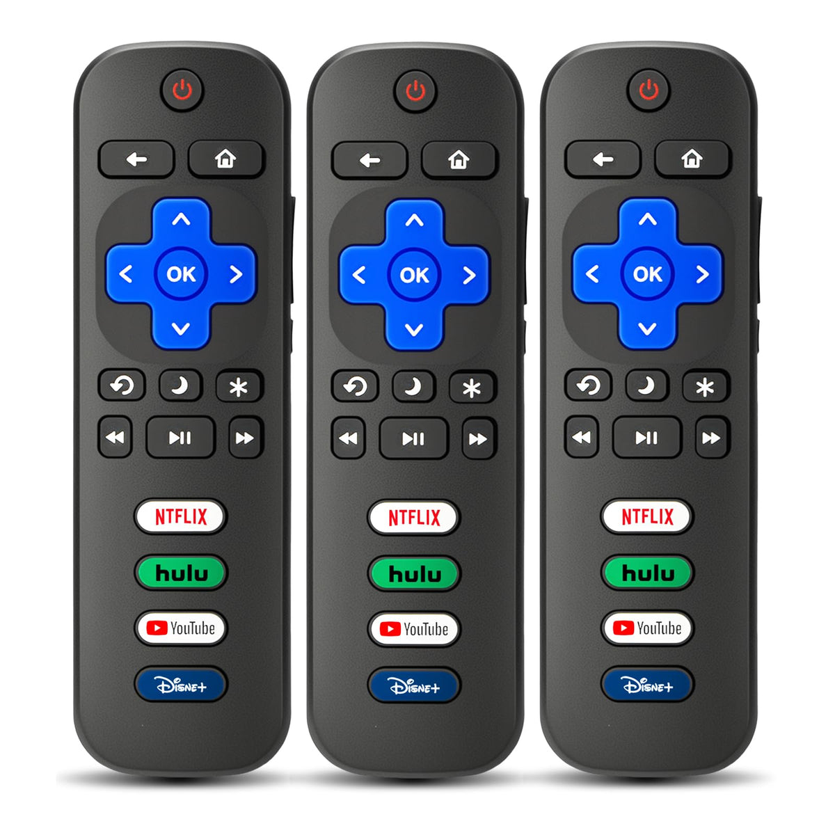 IDGPUW Roku remote 3-pack front view showing easy, no-setup use