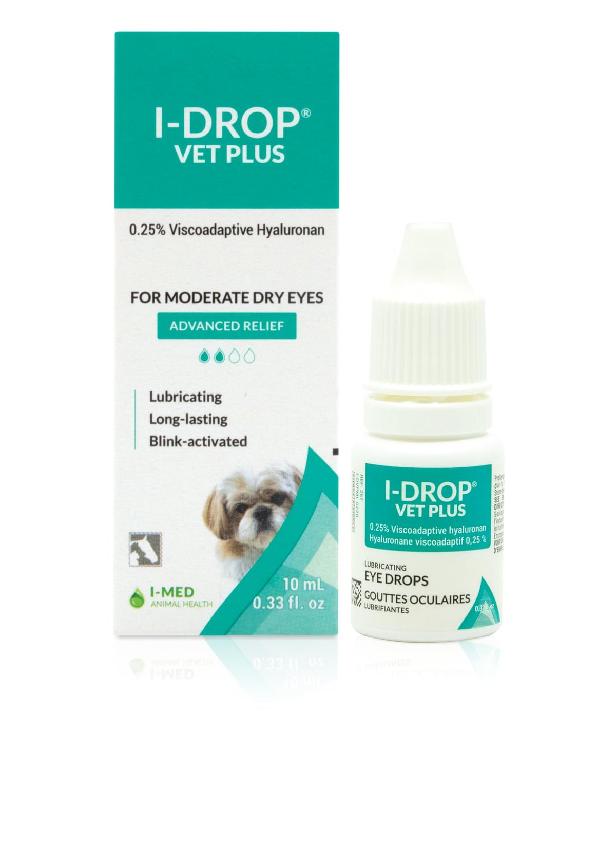 I-DROP VET PLUS bottle front view for dog eye lubrication.