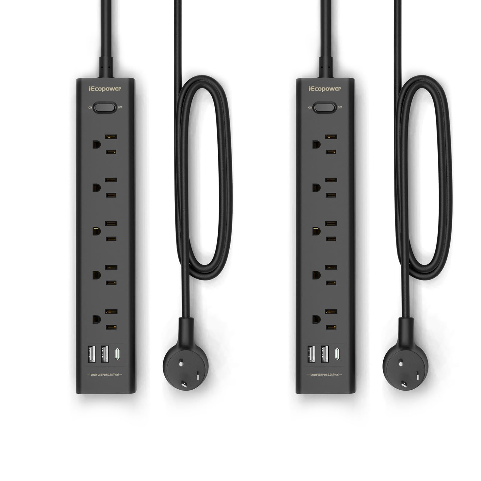 IECOPOWER front view with 5 outlets and USB ports for versatile charging