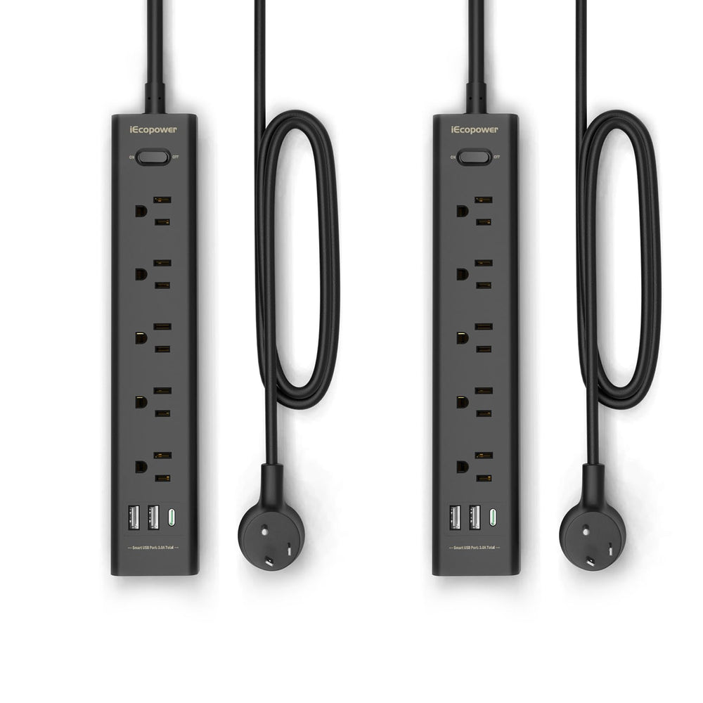 IECOPOWER front view with 5 outlets and USB ports for versatile charging