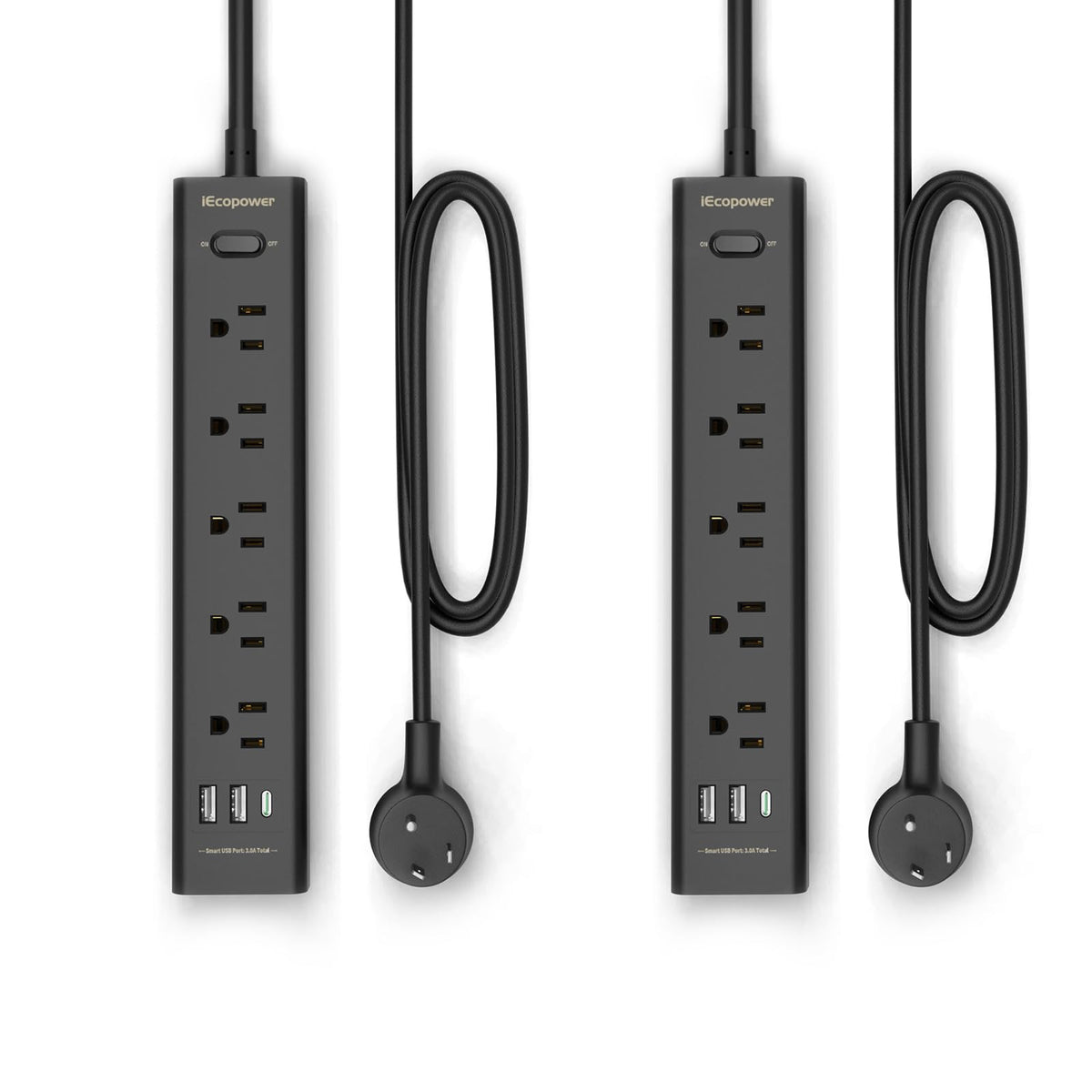 IECOPOWER front view with 5 outlets and USB ports for versatile charging