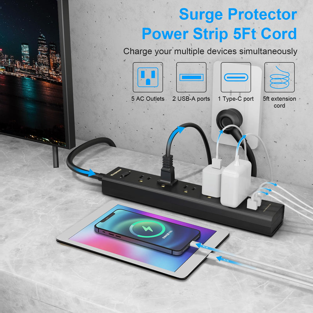 IECOPOWER shows five wide-spaced outlets for bulky adapters