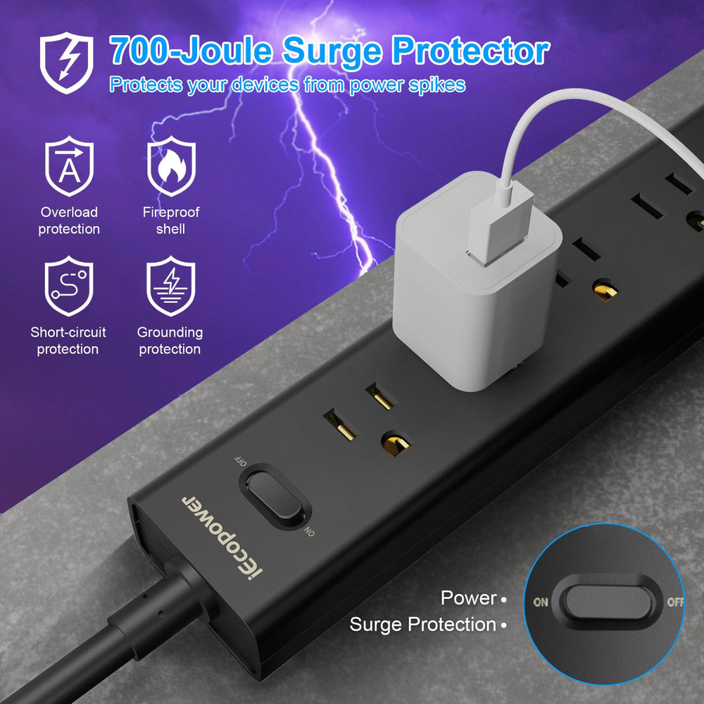 IECOPOWER wall-mount-ready back shows mounting holes for tidy setups