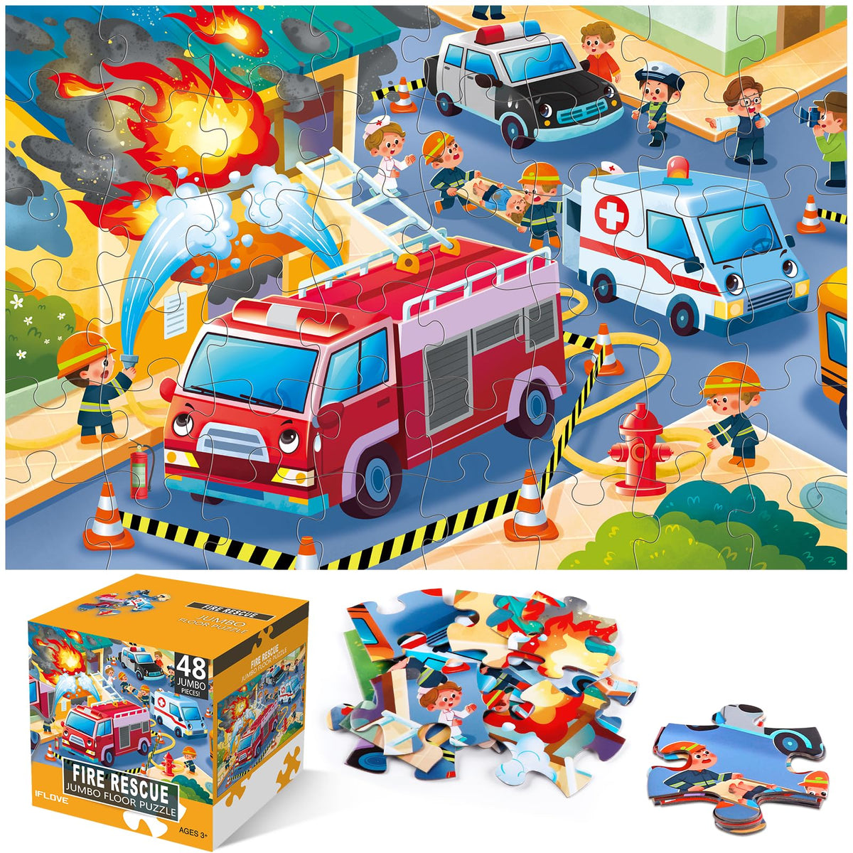 IFLOVE jumbo fire rescue puzzle assembly – vibrant scene for cooperative play and learning.