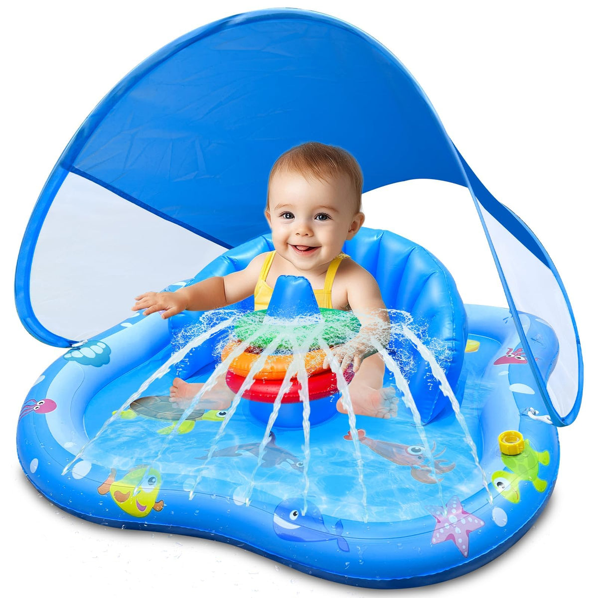 iGeeKid baby play mat with sprinkler and canopy for shaded outdoor fun