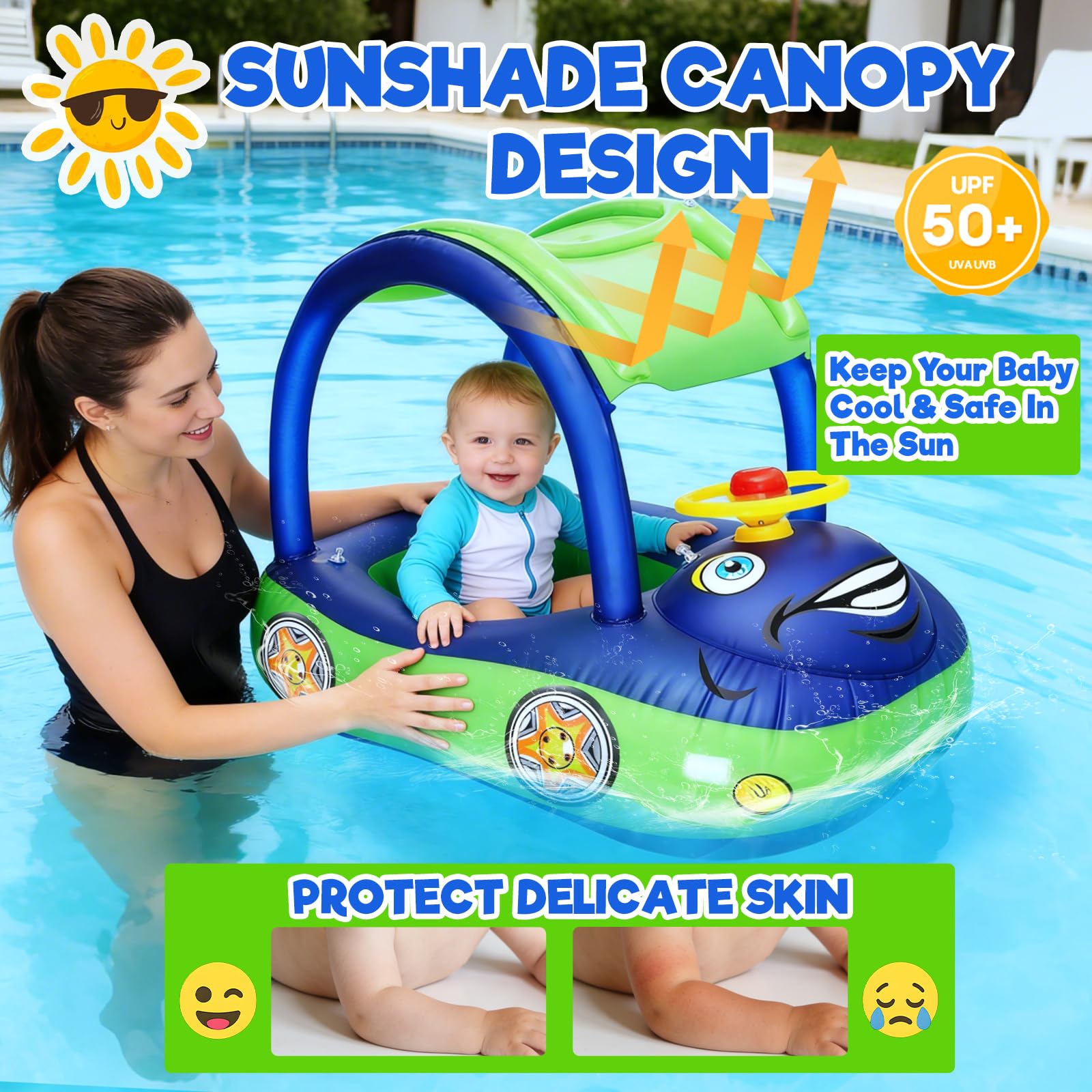 iGeeKid car-style baby float features a spinning steering wheel for interactive pool time.
