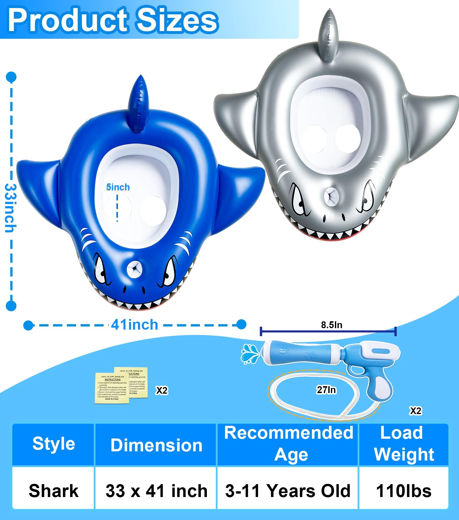 iGeeKid shark pool float silver enables two-player fun with built-in seats.