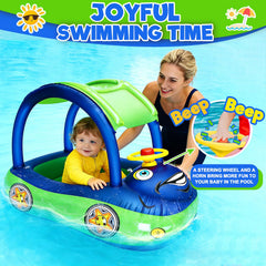 iGeeKid blue sunshade canopy protects delicate skin during sunny pool days.
