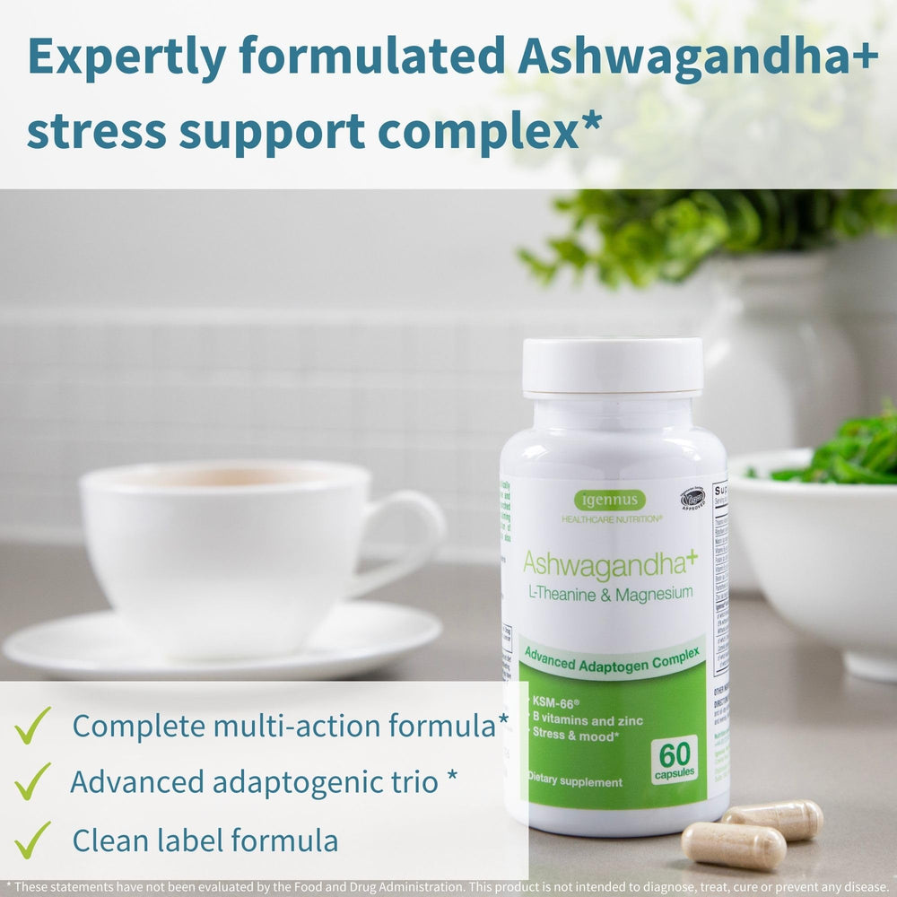 Igennus Ashwagandha KSM66 root-extract close-up highlighting root-based formula