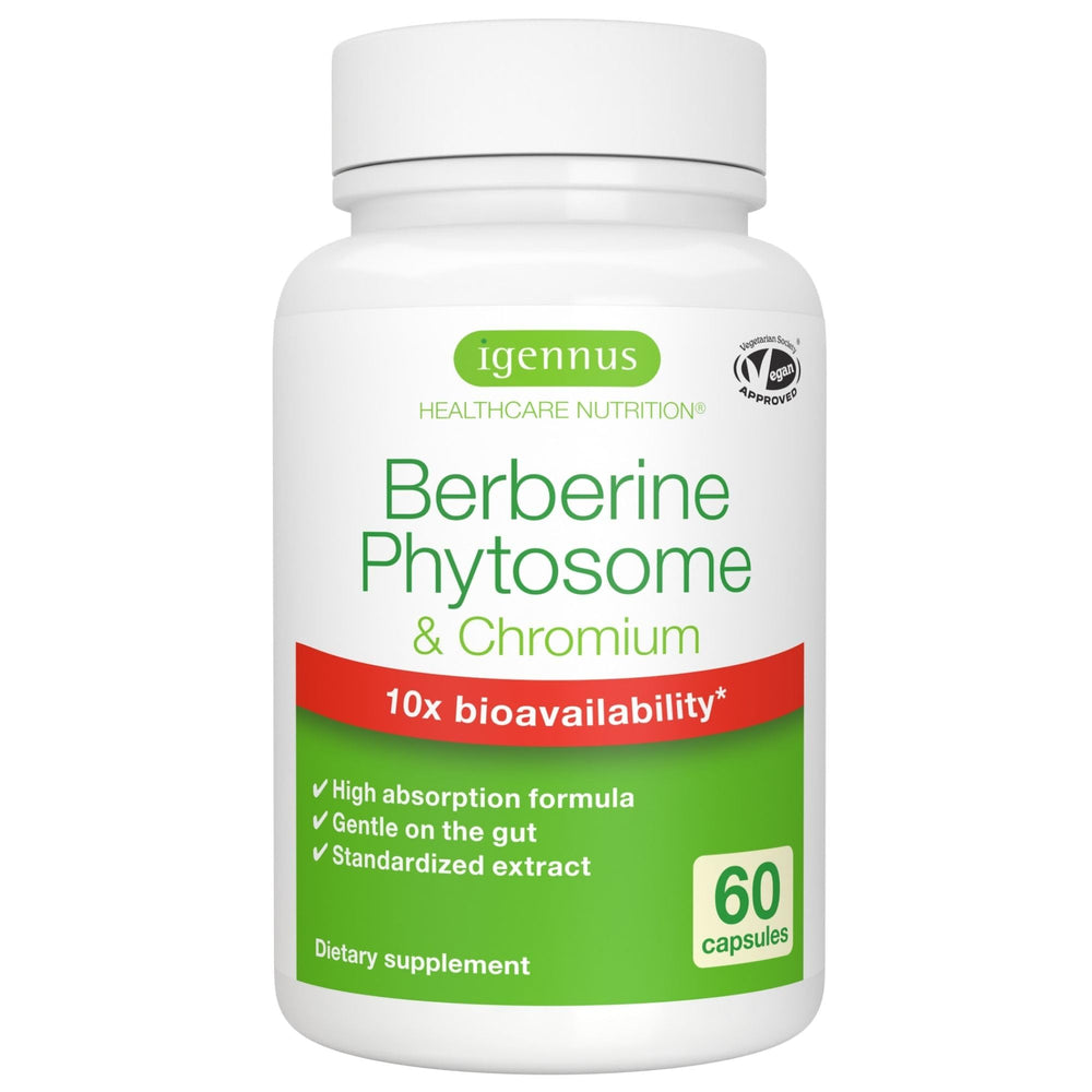 Igennus Dual Action Berberine Phytosome bottle showcases enhanced absorption and clean label formulation.