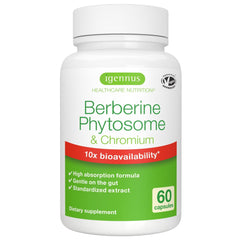 Igennus Dual Action Berberine Phytosome bottle showcases enhanced absorption and clean label formulation.