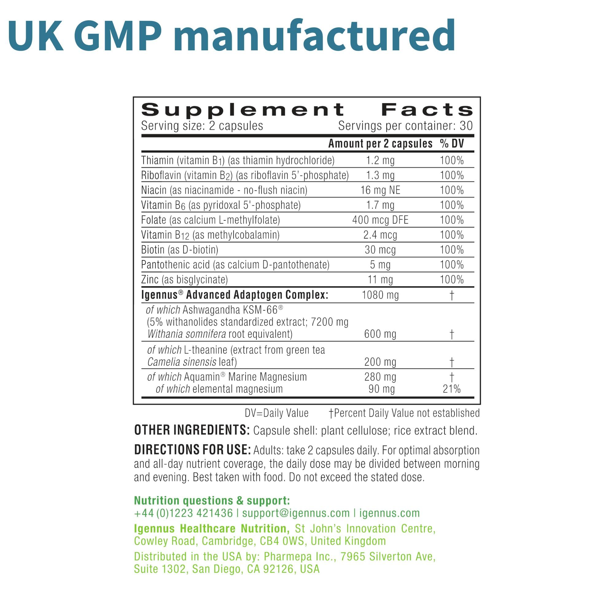Igennus Full-spectrum B vitamins panel on packaging